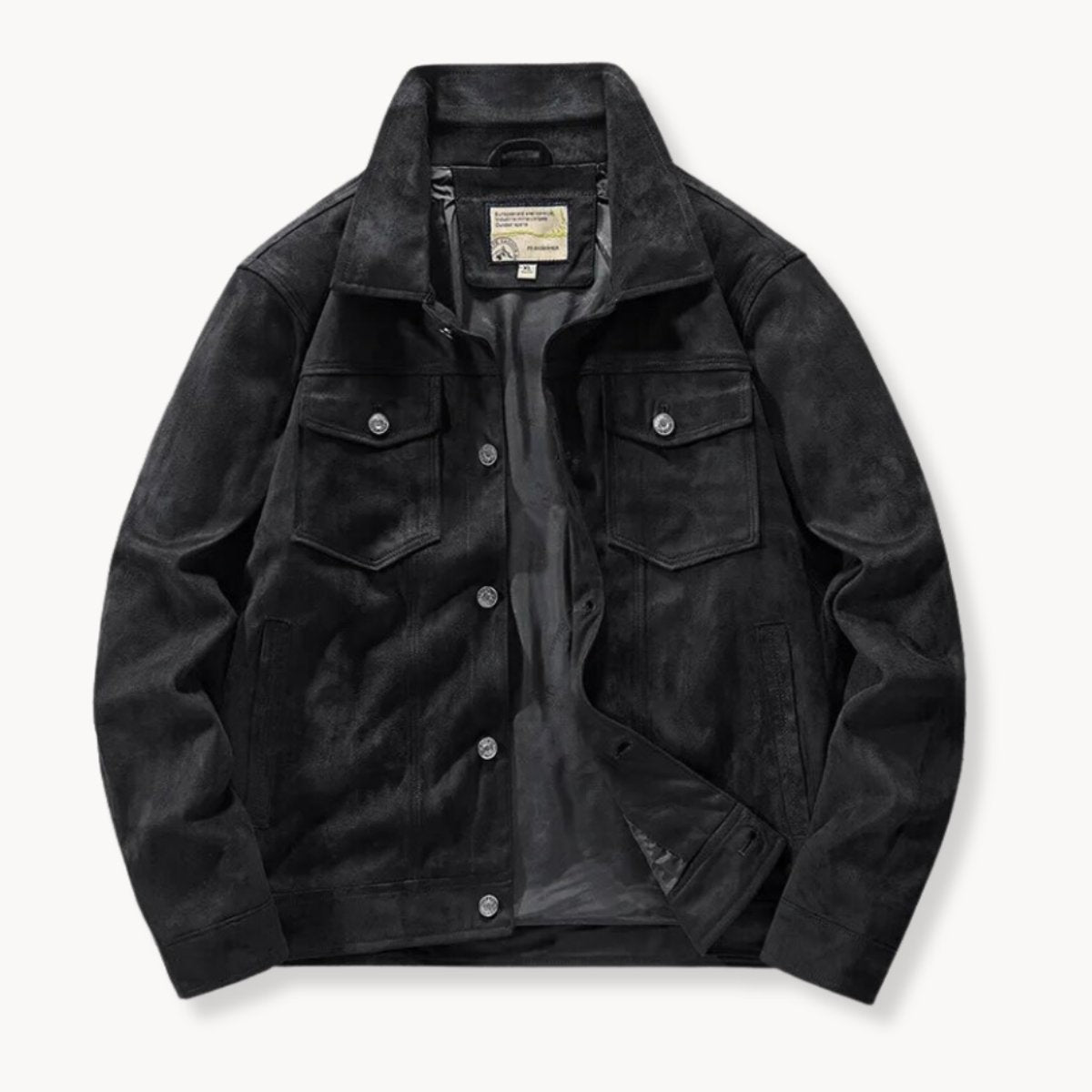 Black suede-finish trucker jacket with buttoned front and flap pockets
