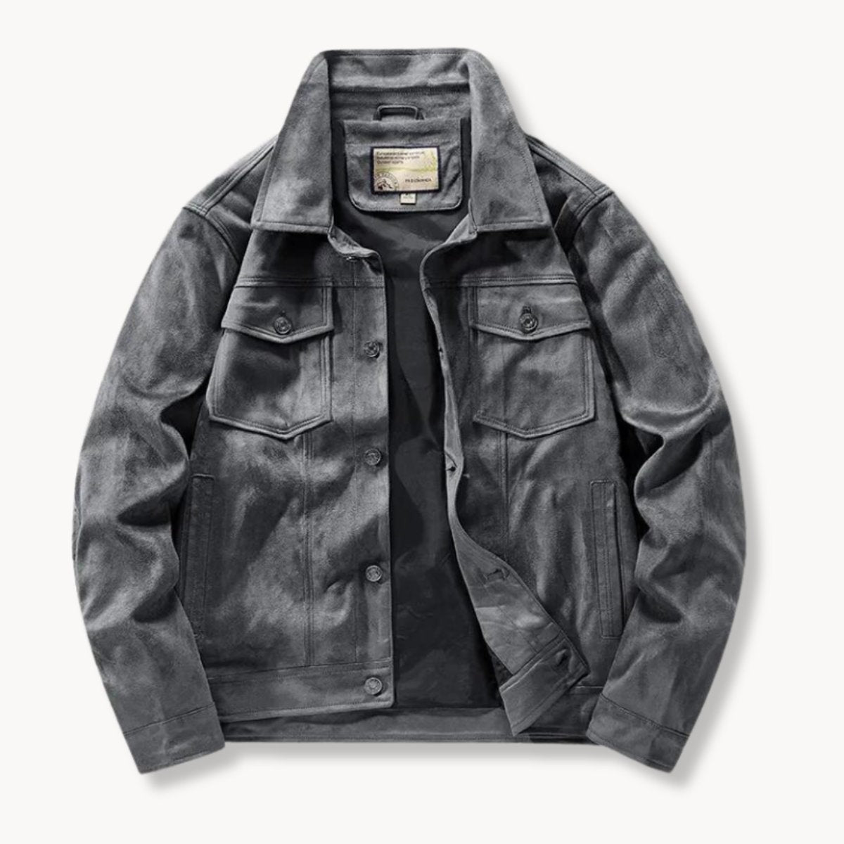 Grey suede trucker jacket with stand collar and Carhartt-style button fastening
