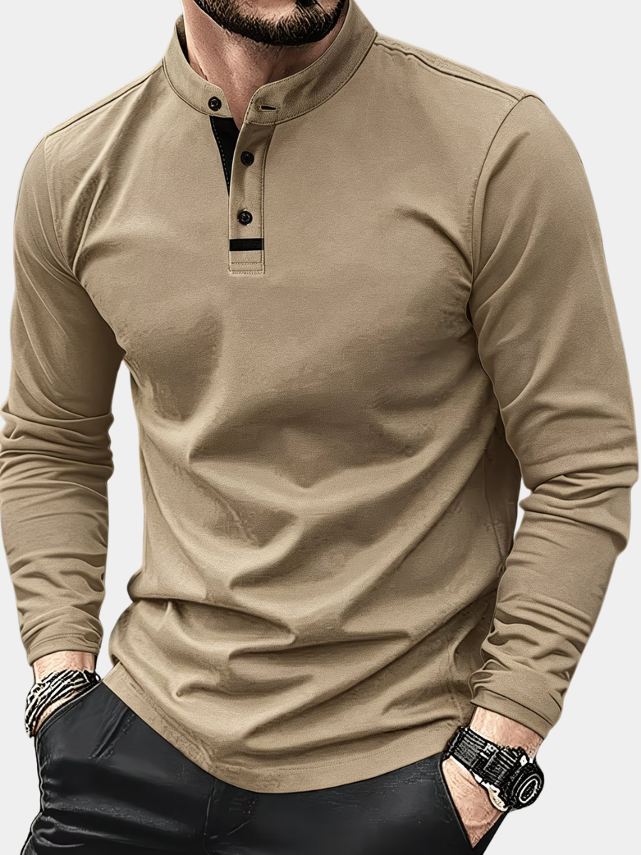 Men's khaki long-sleeve polo shirt with stand collar and button placket