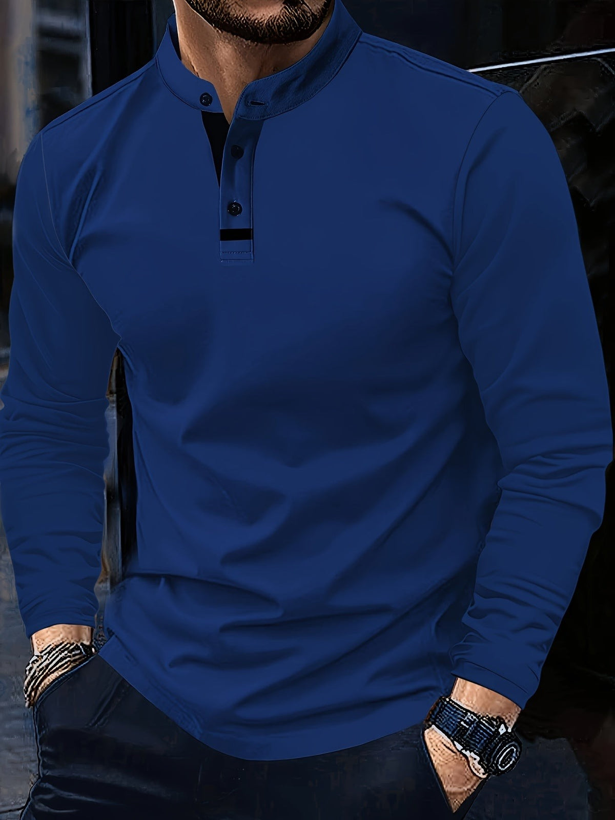 Navy blue button-up polo shirt with mandarin collar, worn casually