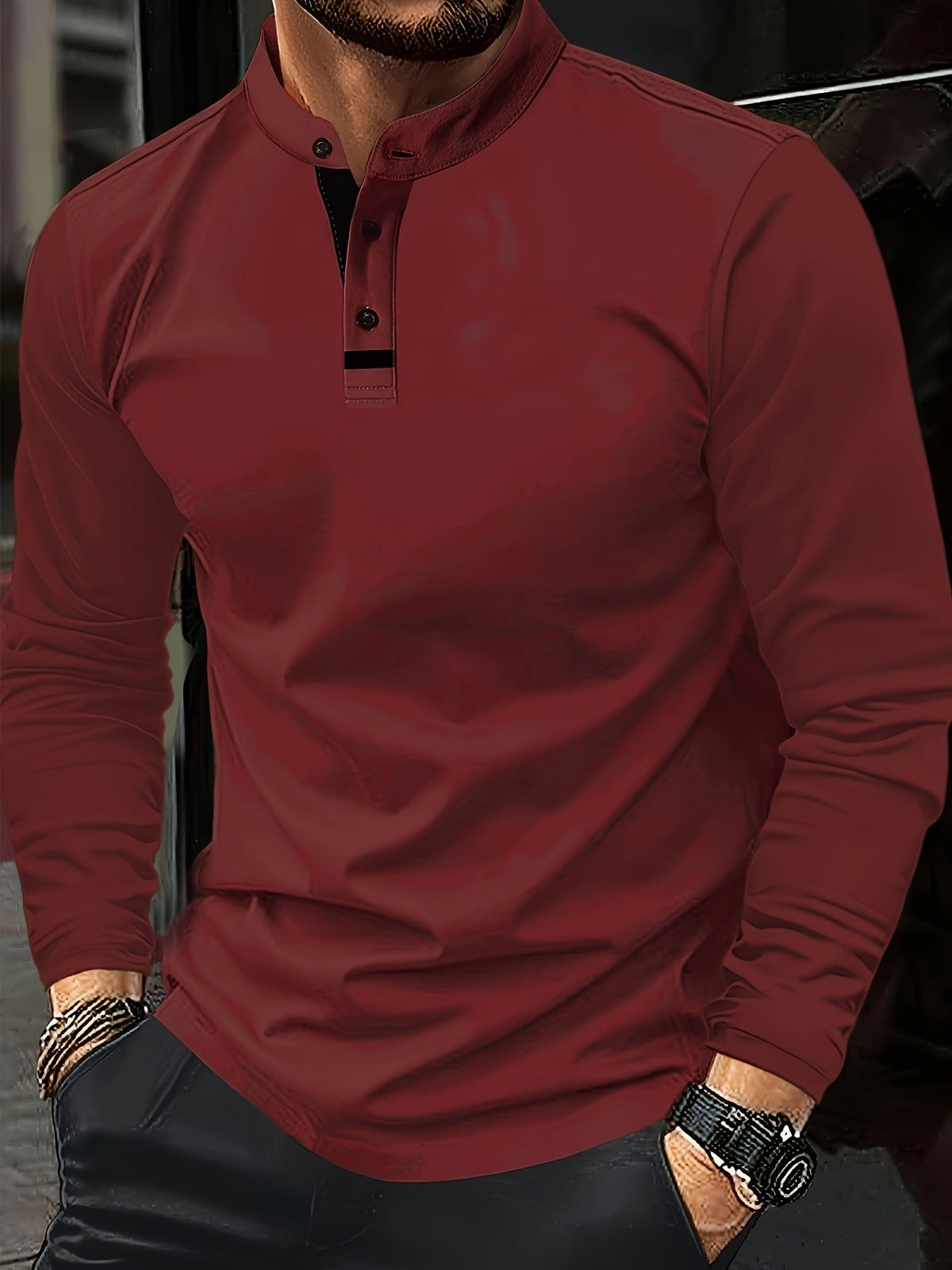 Burgundy long-sleeve polo shirt with black contrast button placket