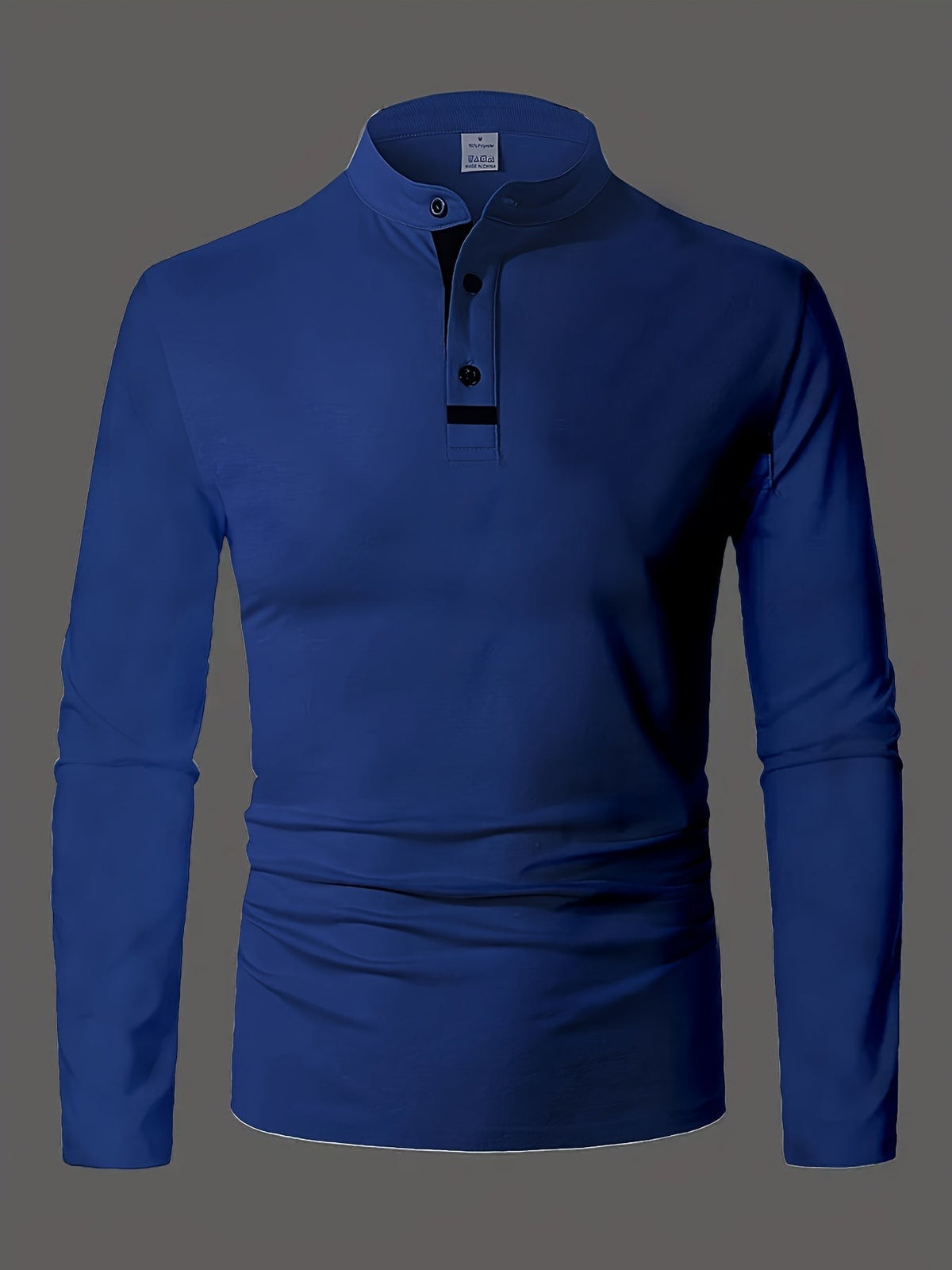 Navy blue men's polo shirt laid flat, showing stand collar and buttons