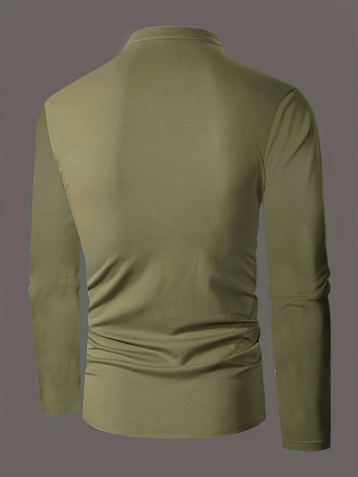 Olive green polo shirt rear view, highlighting long sleeves and fit