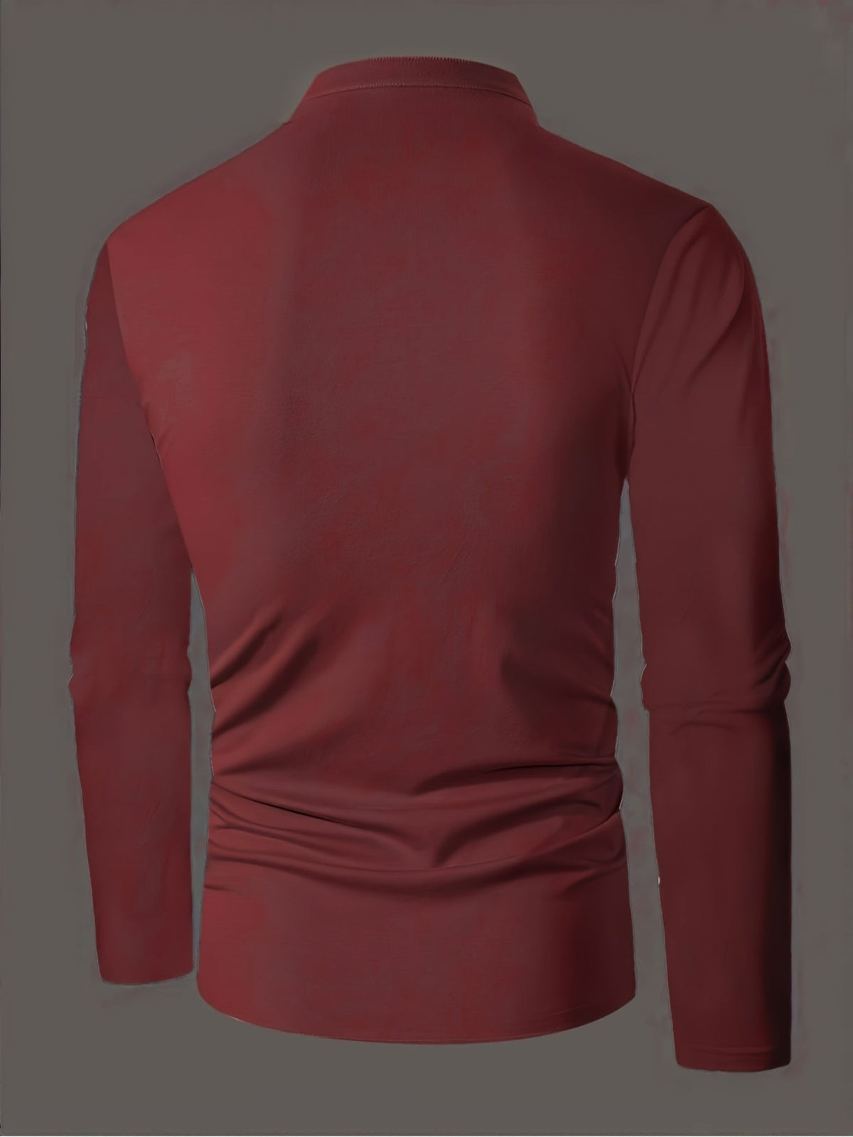 Burgundy polo shirt back view showing stand collar and slim silhouette
