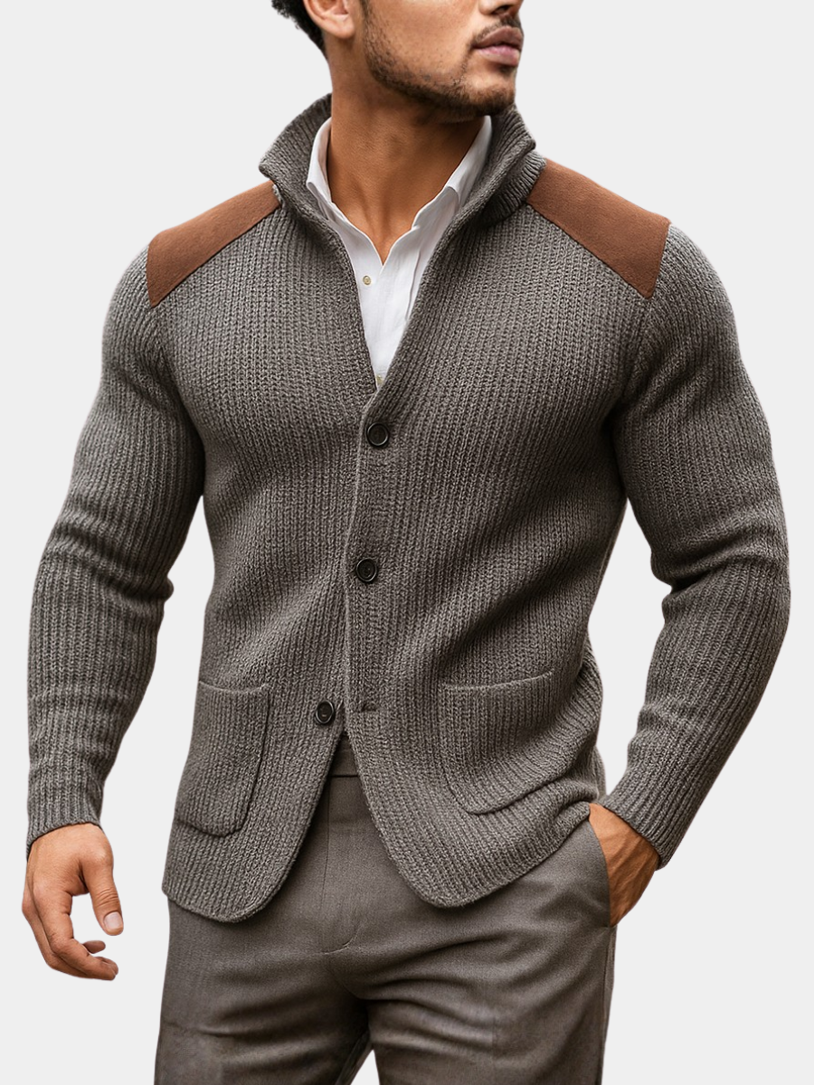 Grey ribbed knit blazer with suede shoulder patches and button fastening