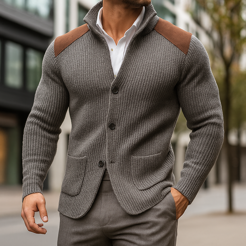 Men's grey knit blazer featuring contrast suede panels and patch pockets