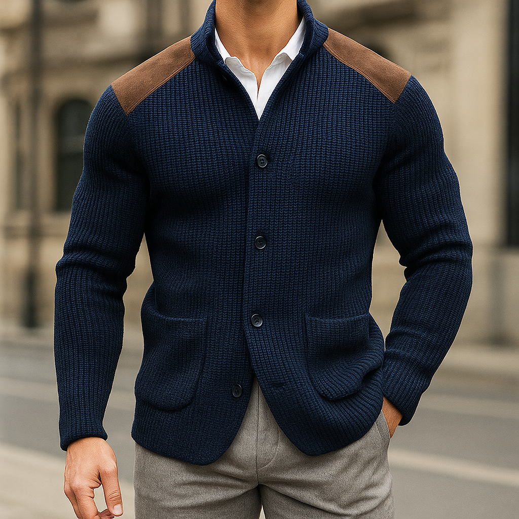 Navy textured knit blazer with brown suede shoulder detailing for men