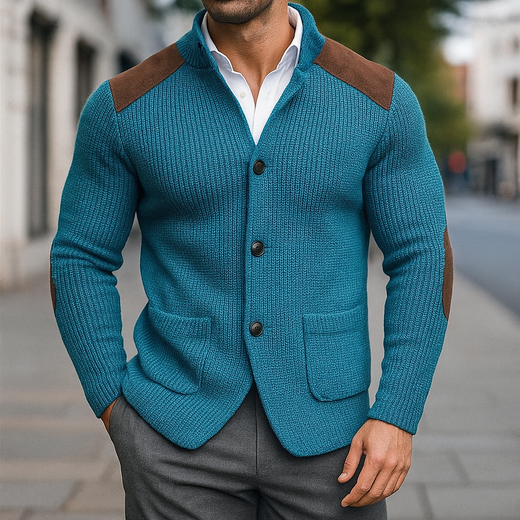 Teal knit blazer with suede elbow and shoulder patches, men's style