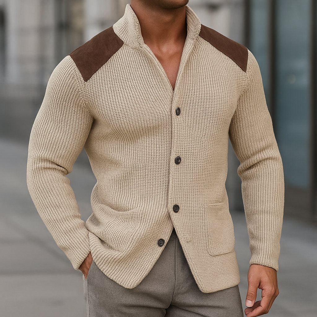 Beige textured knit blazer with brown suede accents and stand collar