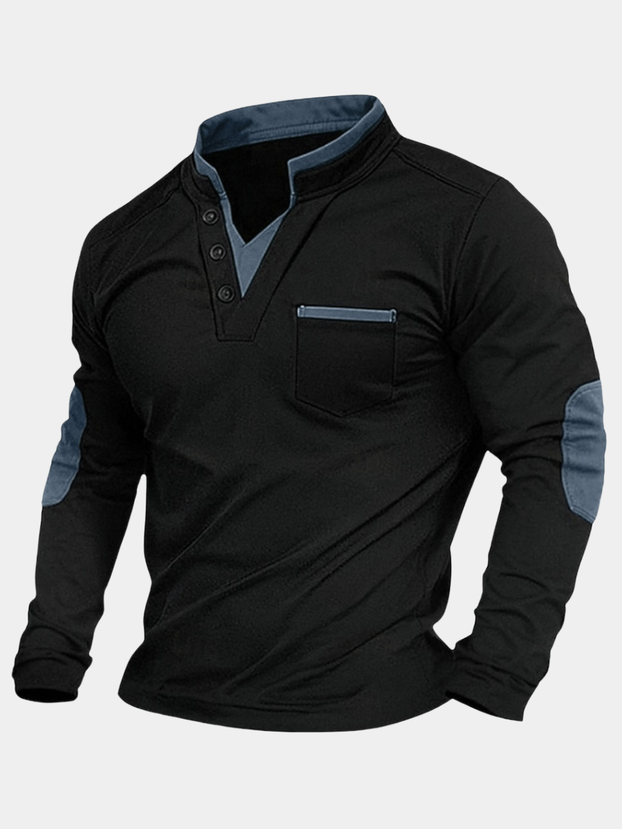 Men's black long-sleeve polo with grey contrast collar and elbow patches