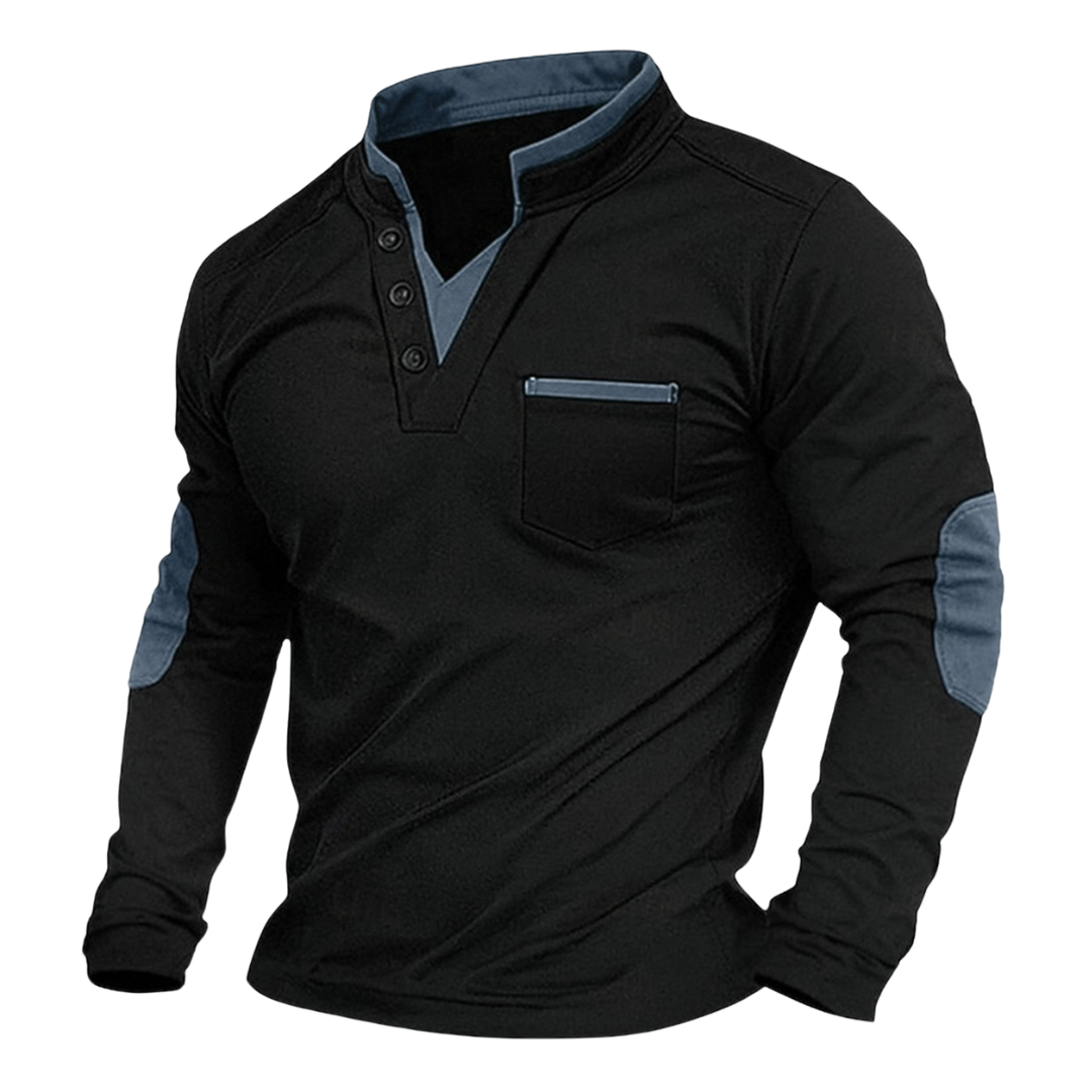 Black button-neck sweatshirt featuring grey trim and chest pocket detail