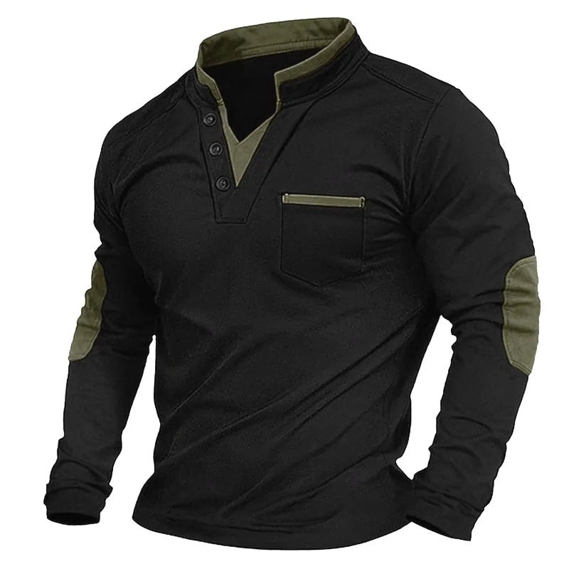 Black long-sleeve top with khaki contrast collar and elbow patches
