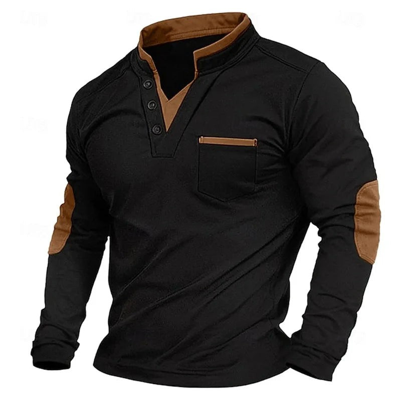 Black men's polo shirt accented with tan trim and patch pocket