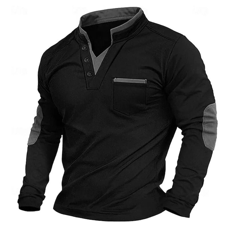 Black casual sweatshirt with charcoal grey collar and sleeve patches