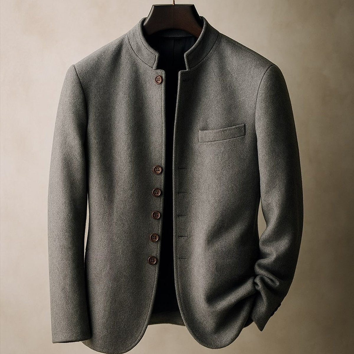 Grey wool tailored jacket with stand collar and button-front fastening