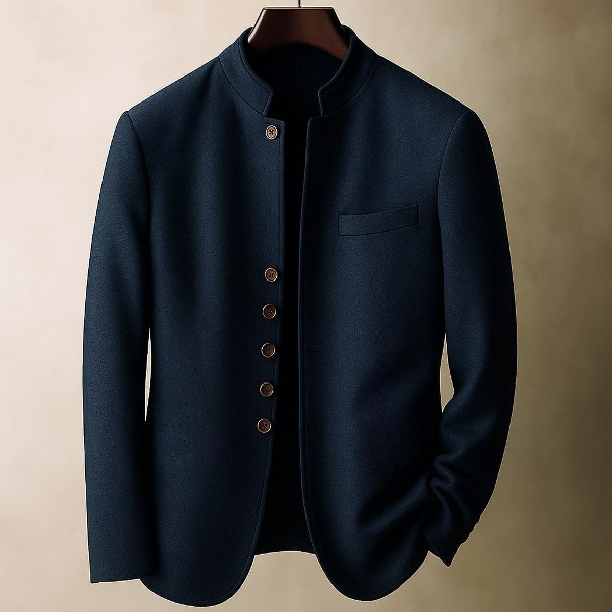 Navy wool stand-collar jacket featuring tortoiseshell buttons and welt pocket