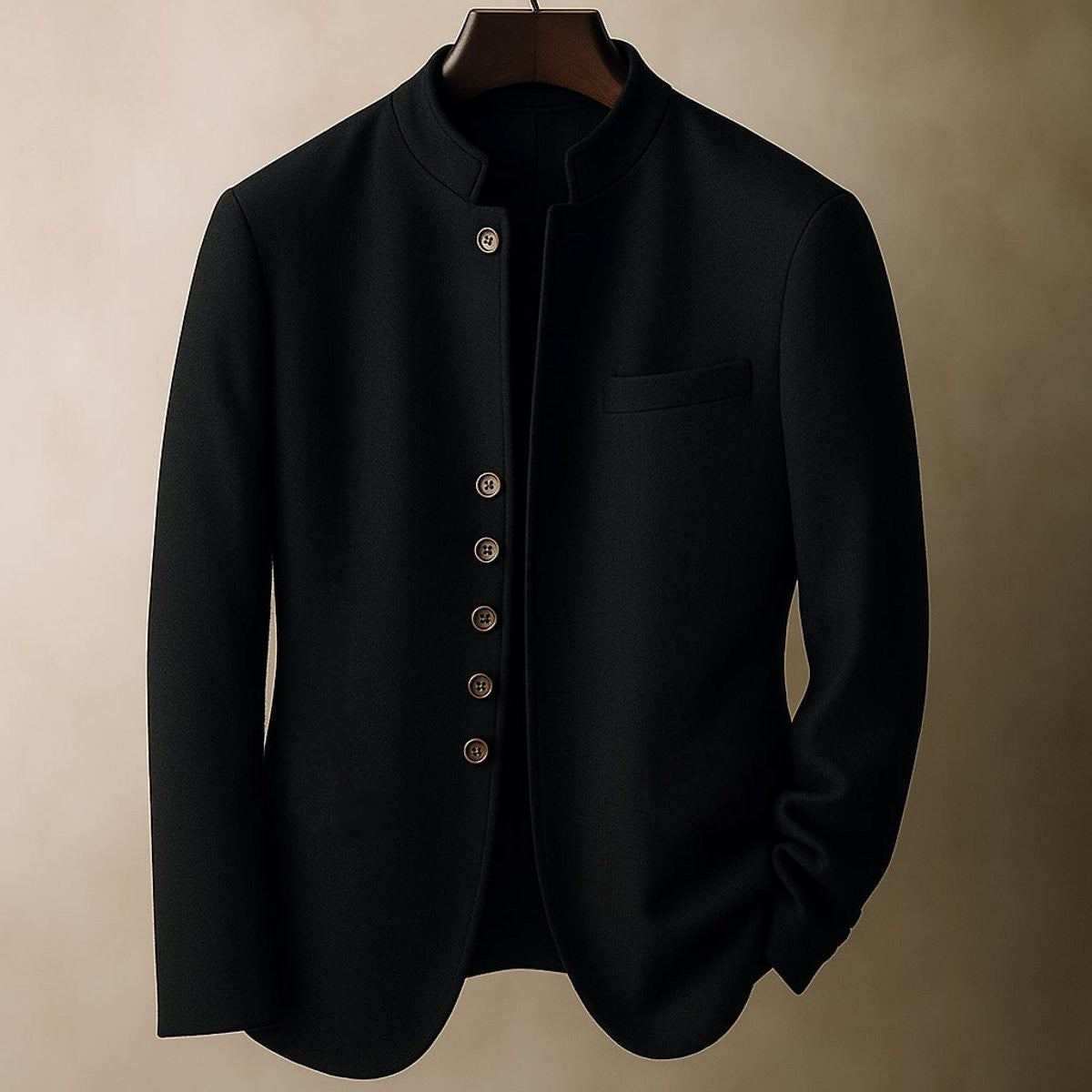 Black wool tailored jacket with mandarin collar and single chest pocket