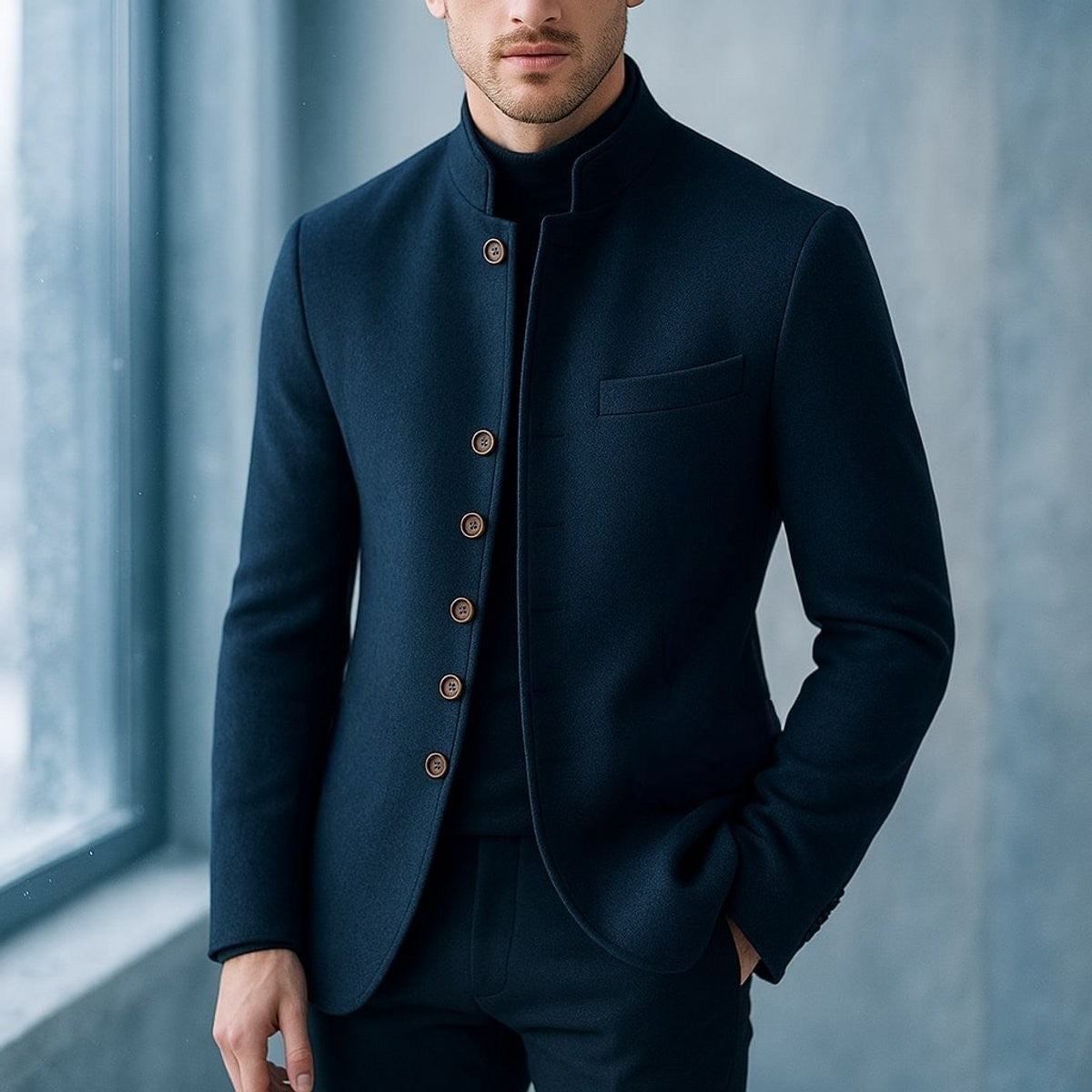 Man wearing navy stand-collar wool jacket over matching trousers