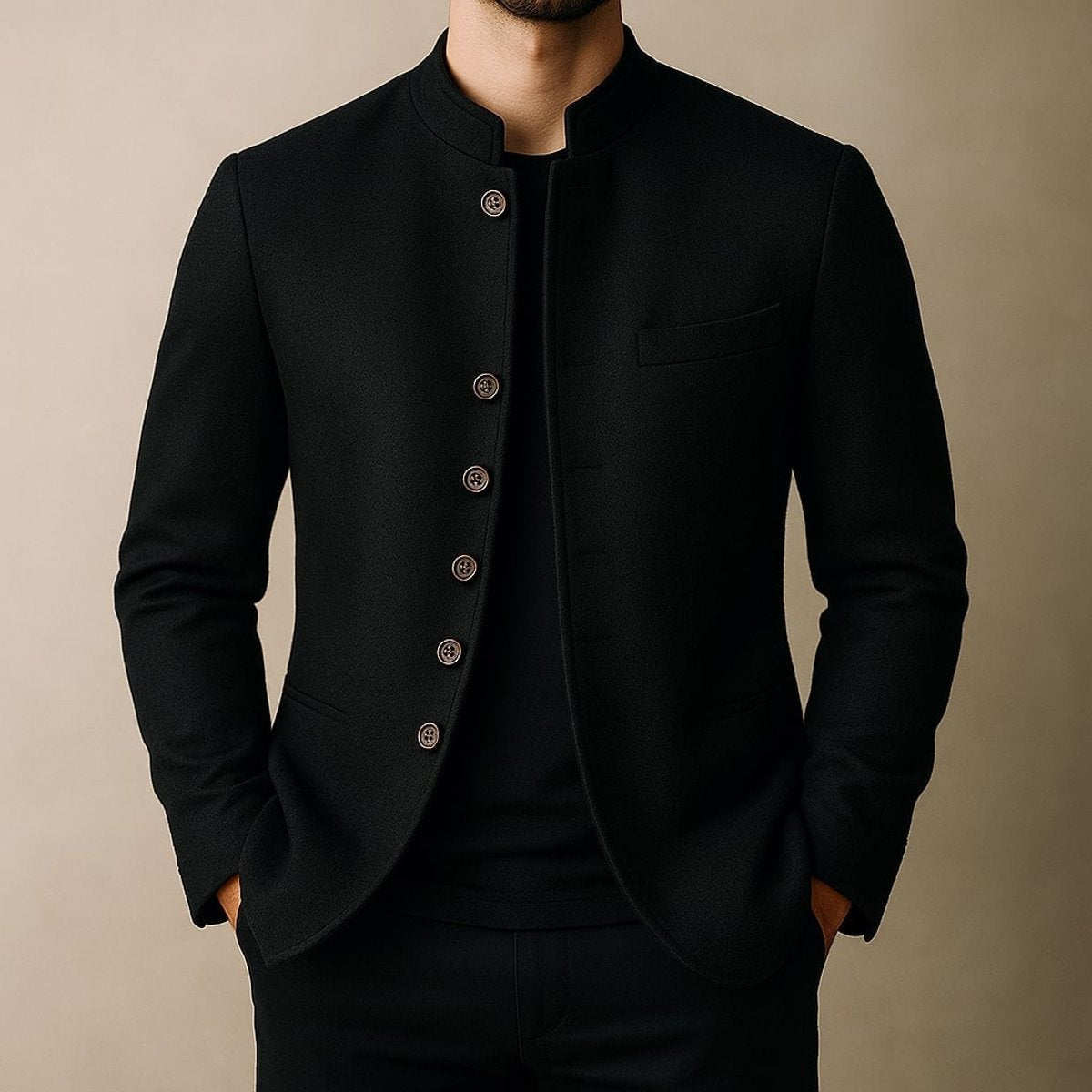 Man modelling black tailored jacket with stand collar and button placket