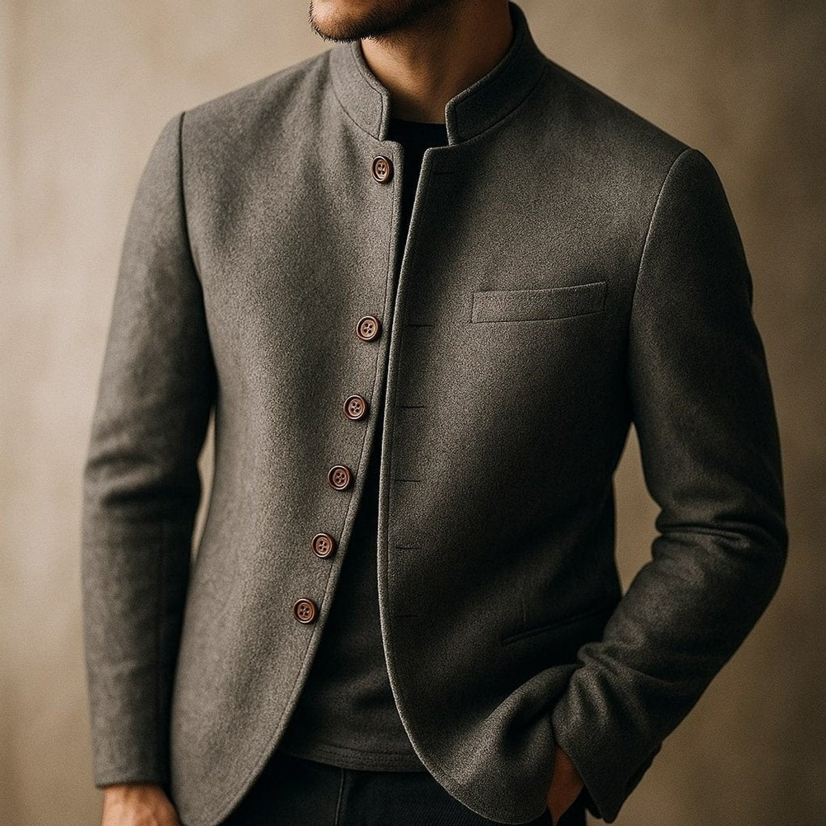 Man wearing grey wool stand-collar jacket with hands in trouser pockets