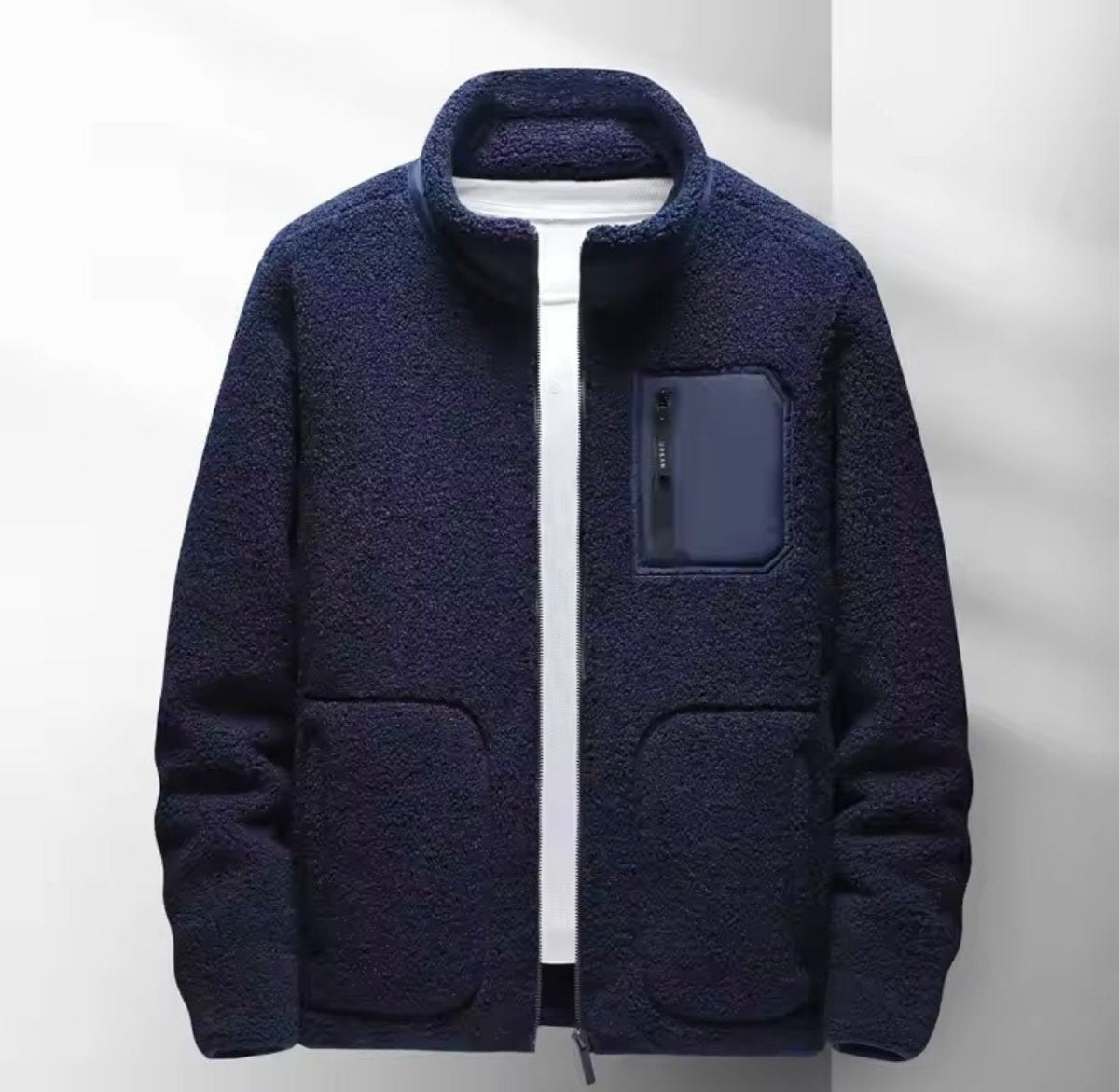 Navy sherpa fleece full-zip jacket with stand collar and patch pockets