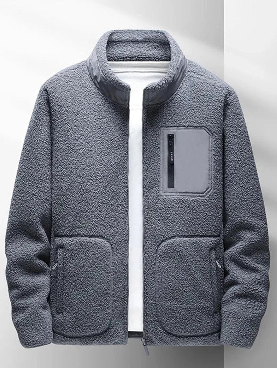 Charcoal grey sherpa fleece full-zip jacket with dual patch pockets