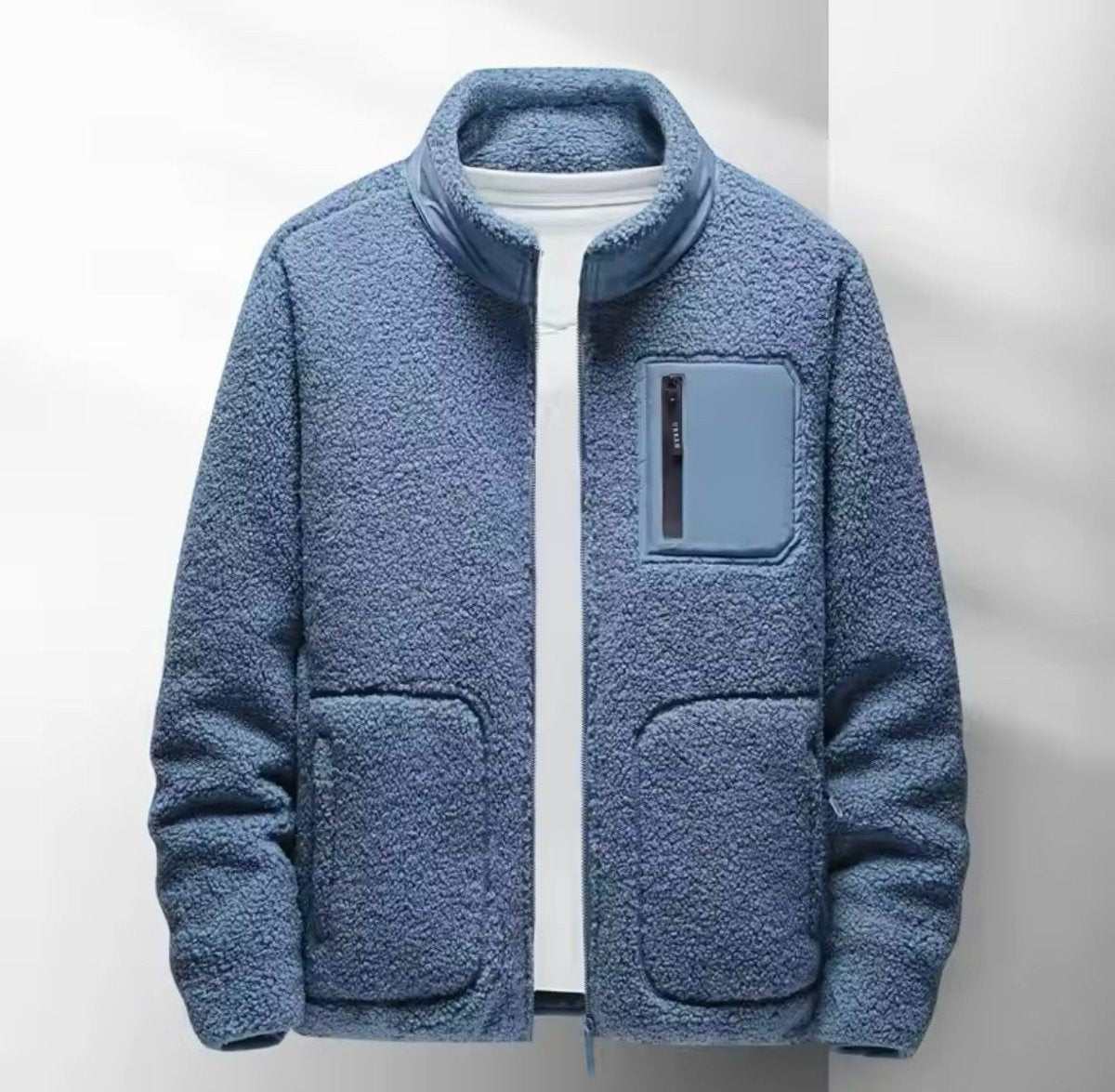 Blue sherpa fleece bomber jacket with contrast zip pocket detail