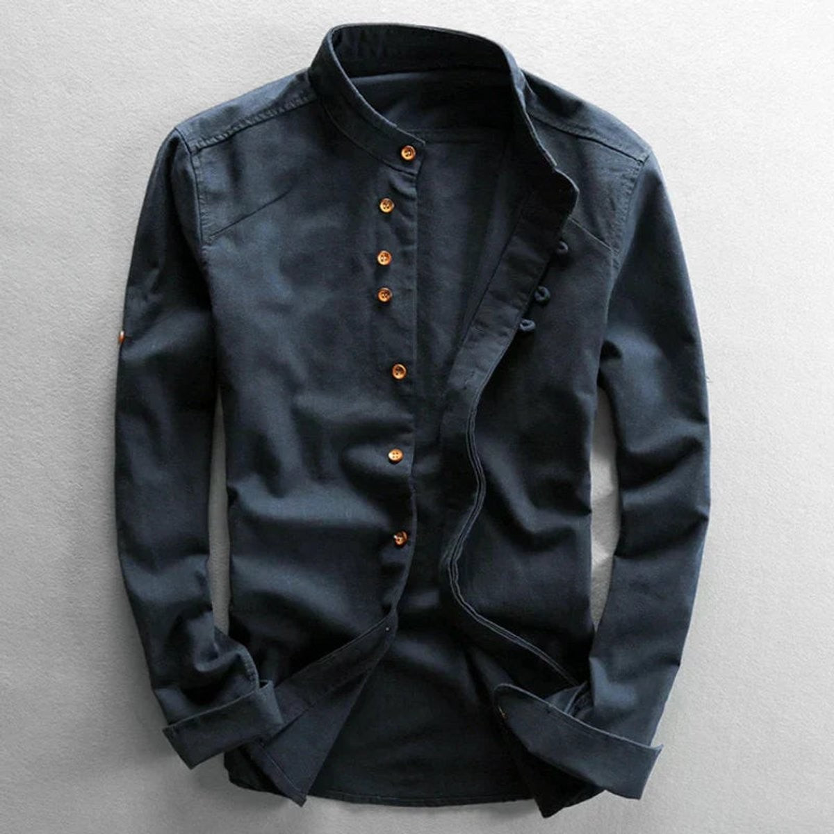 Navy long-sleeve linen shirt with stand collar and wooden buttons
