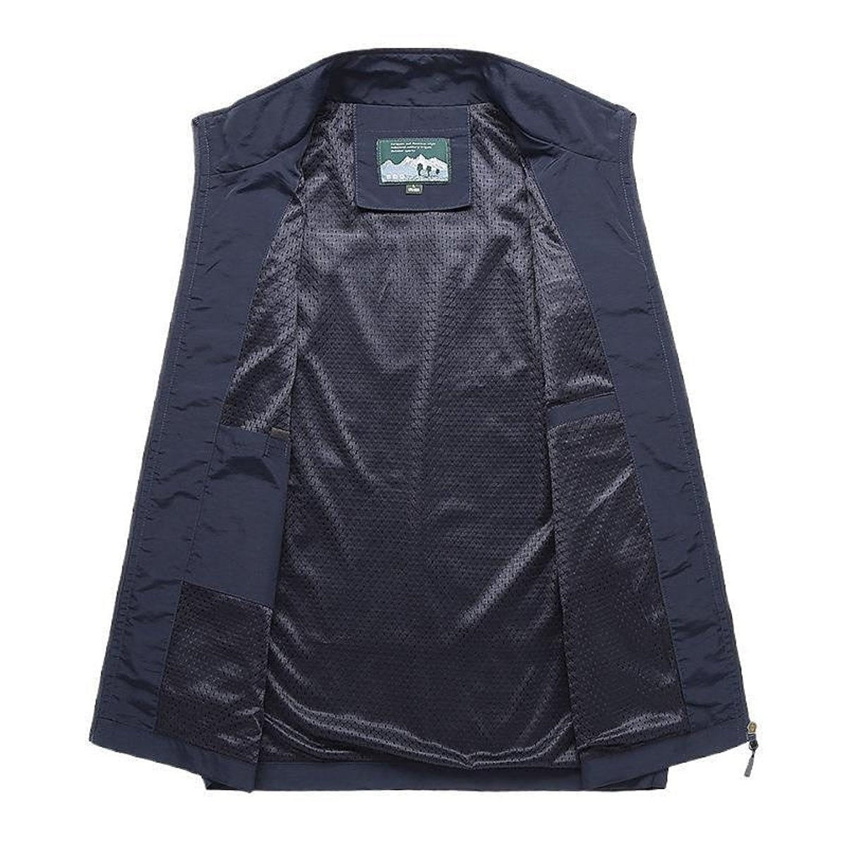 Inside view of navy gilet revealing mesh lining and hidden zip pockets