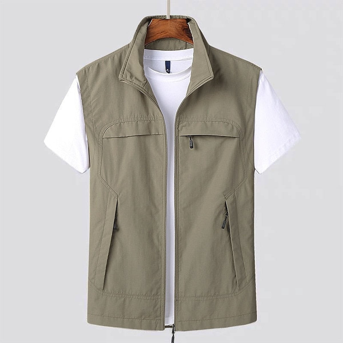 Stone beige zip-front gilet with multiple pockets and stand collar