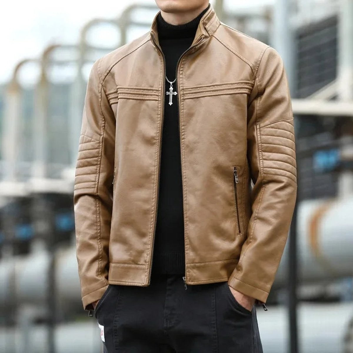 Camel-coloured zip-up leather jacket featuring stand collar and ribbed shoulder detailing