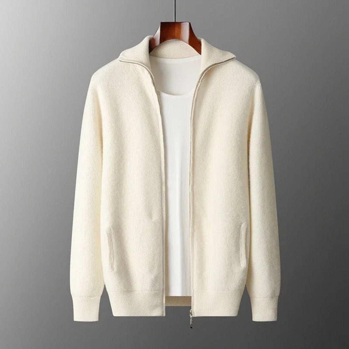 Cream knitted full-zip jumper with ribbed cuffs and stand-up collar