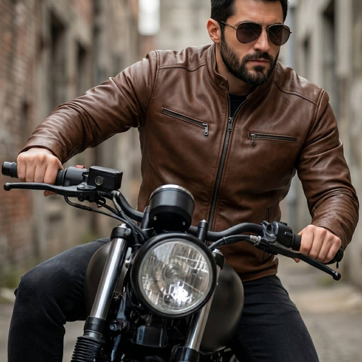 Man wearing brown leather biker jacket riding a motorcycle outdoors