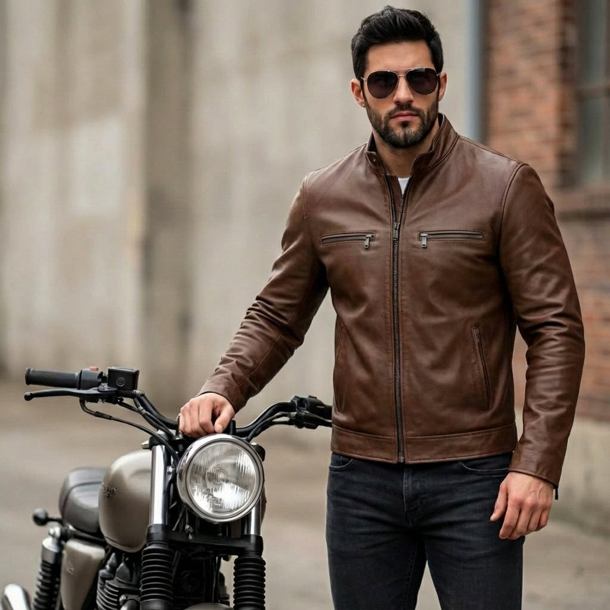 Bearded man in brown leather zip jacket standing beside vintage motorbike