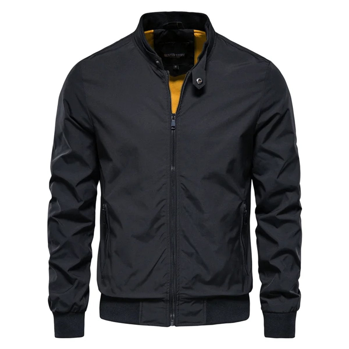 Men's black bomber jacket with stand collar and contrast yellow lining