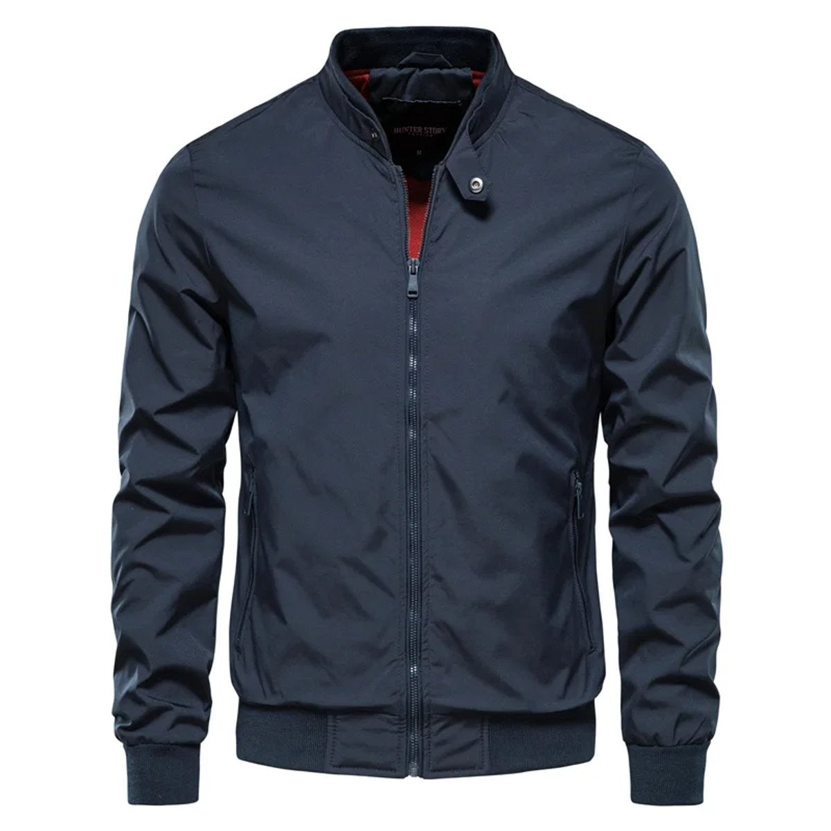 Navy lightweight bomber jacket featuring stand collar and red contrast lining