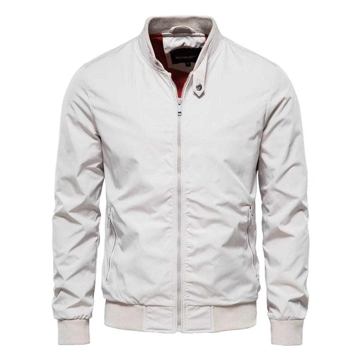 Stone beige zip-up bomber jacket with ribbed hem and red inner trim