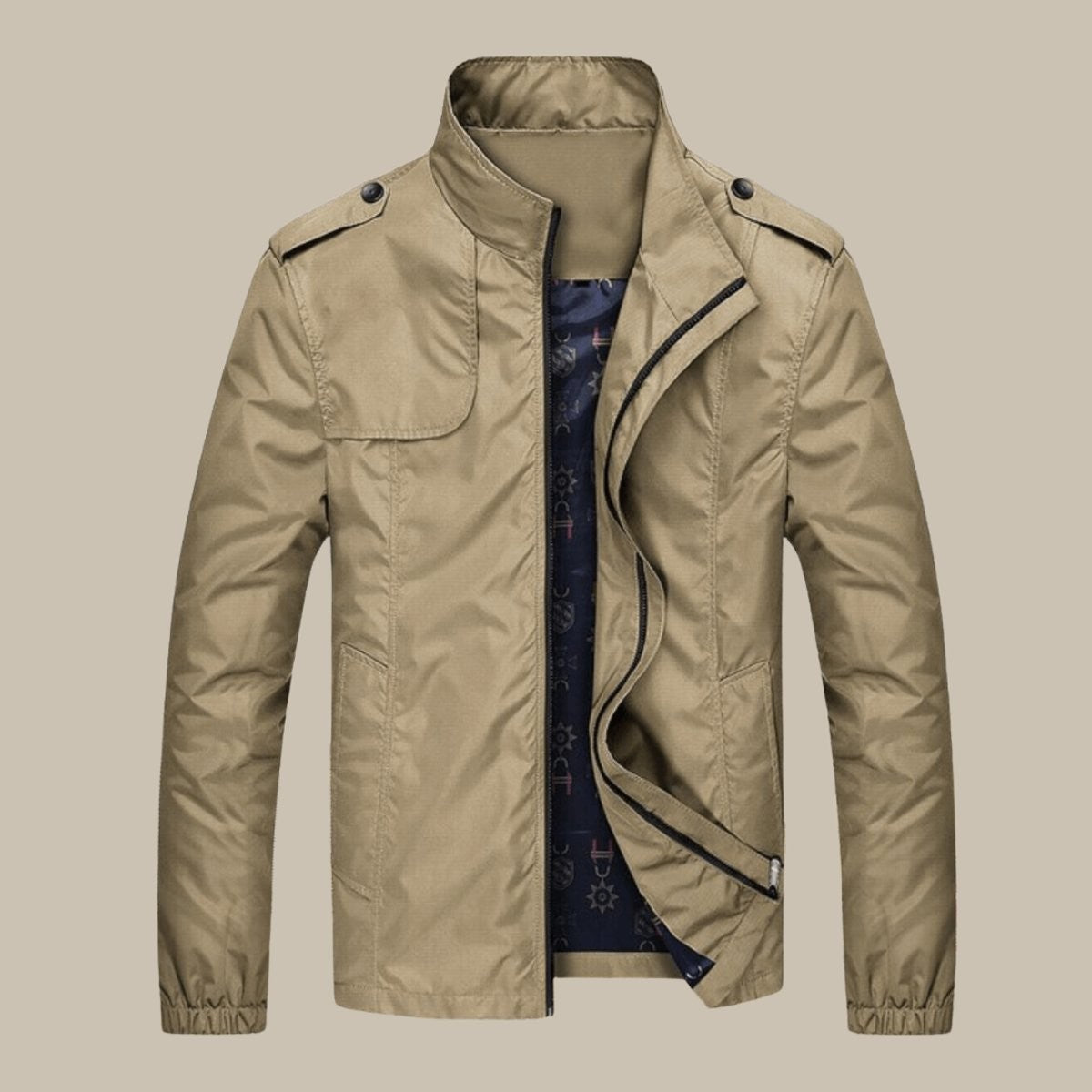 Khaki men's zip-up bomber jacket with stand collar and printed lining