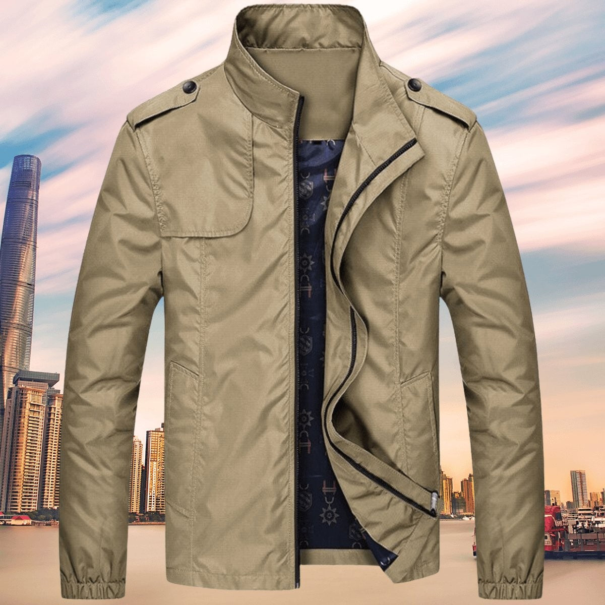 Beige casual jacket with epaulettes styled against a city skyline backdrop