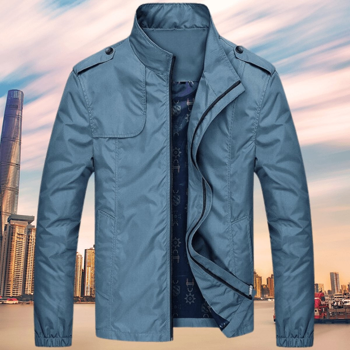Dusty blue men's bomber jacket featuring stand collar and patterned inner lining