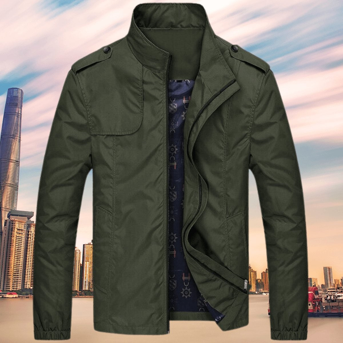 Olive green zip-up jacket with chest pocket and elasticated cuffs
