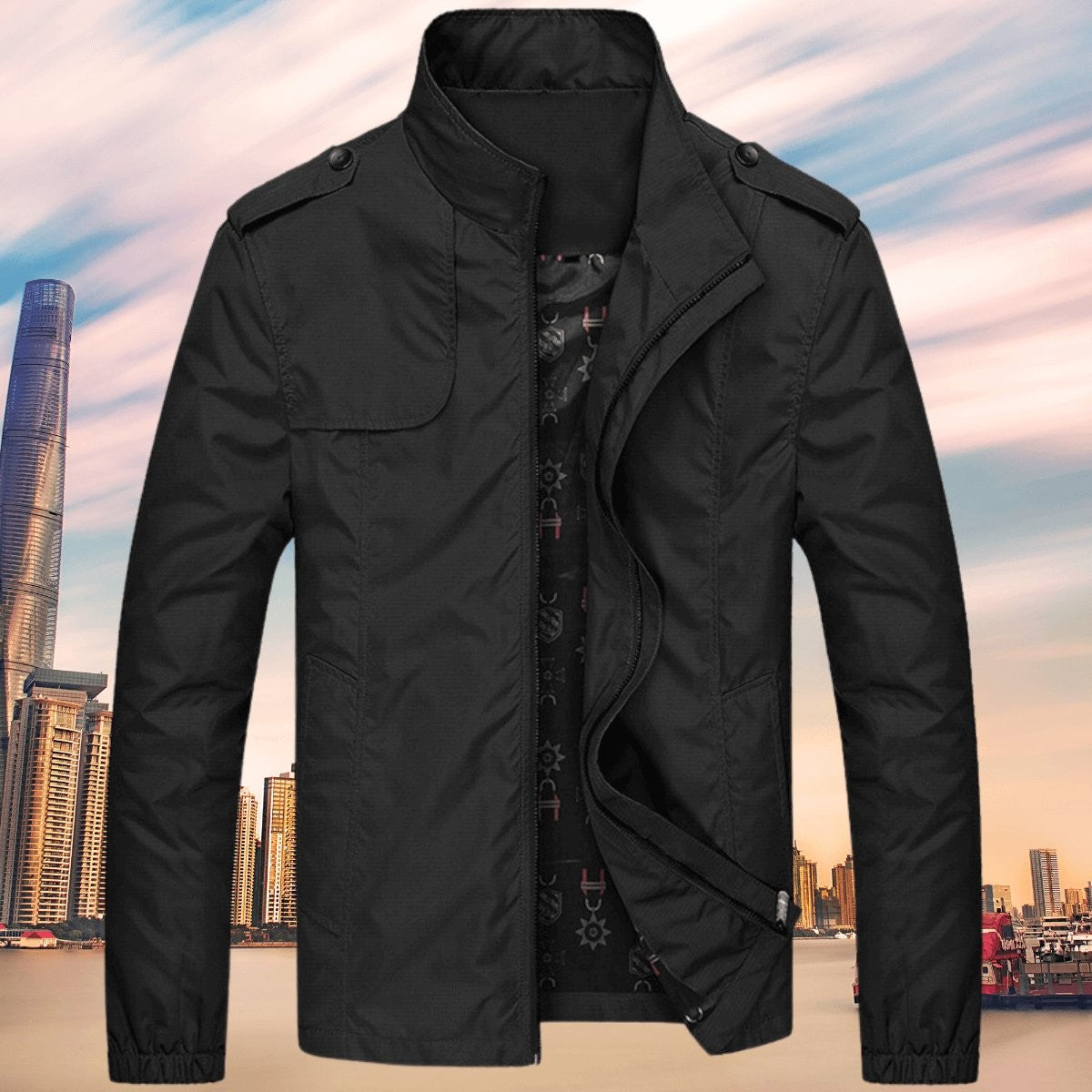 Black casual men's jacket with stand collar and contrast patterned lining
