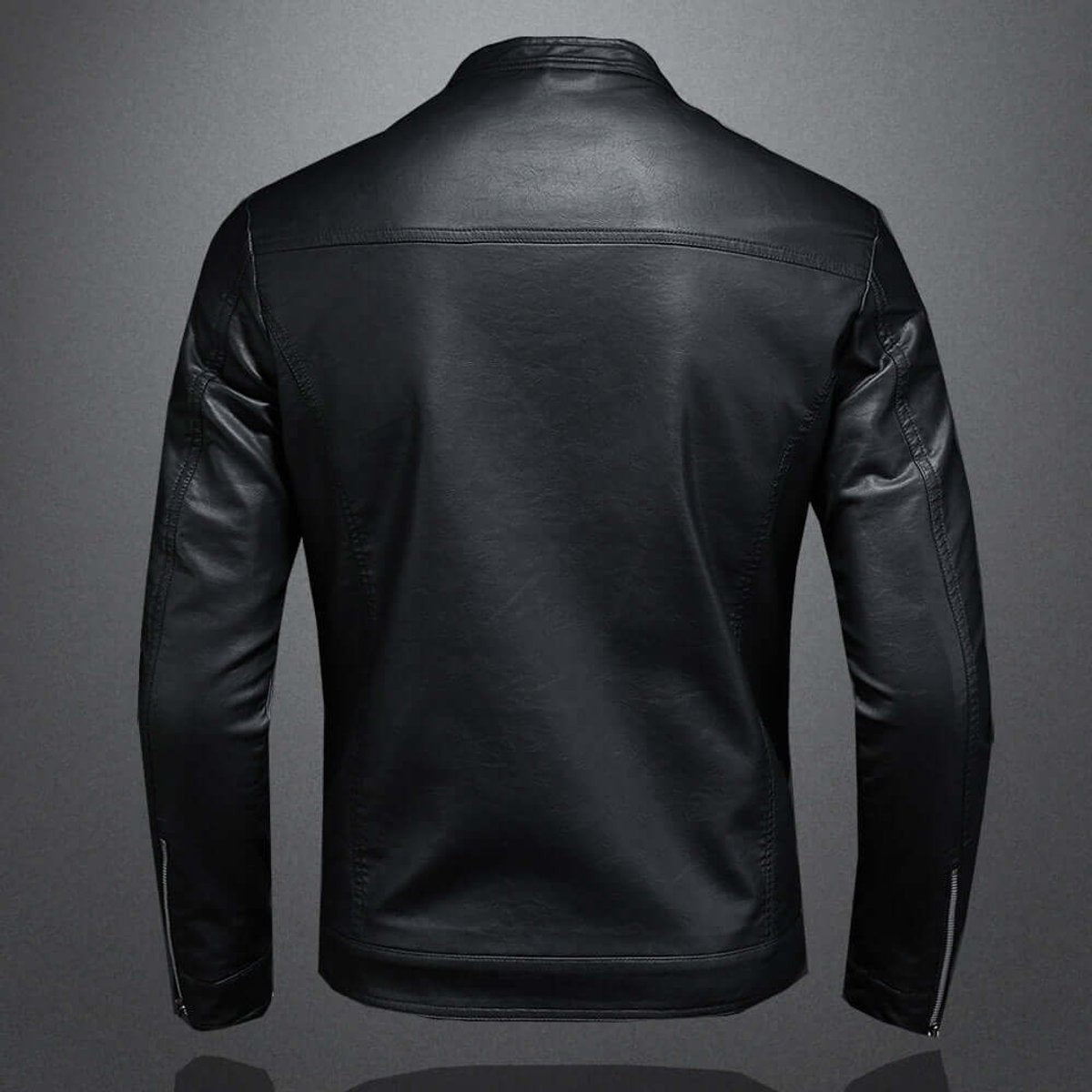 Black faux leather biker jacket, rear view showing stand collar and seam detailing