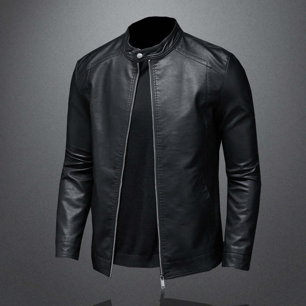 Men's black faux leather biker jacket with zip fastening and stand collar, angled view