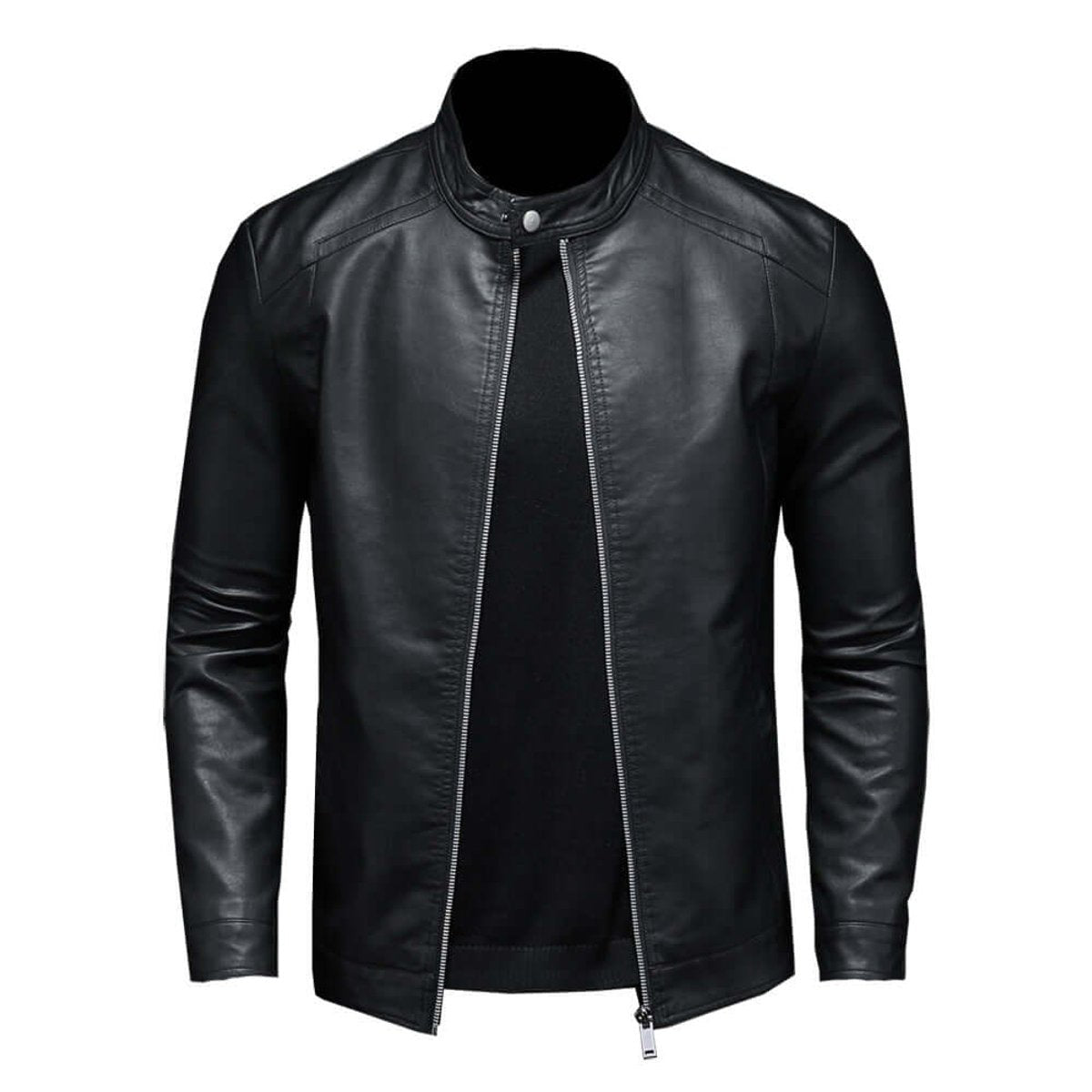 Black faux leather biker jacket, front view with silver zip and popper collar