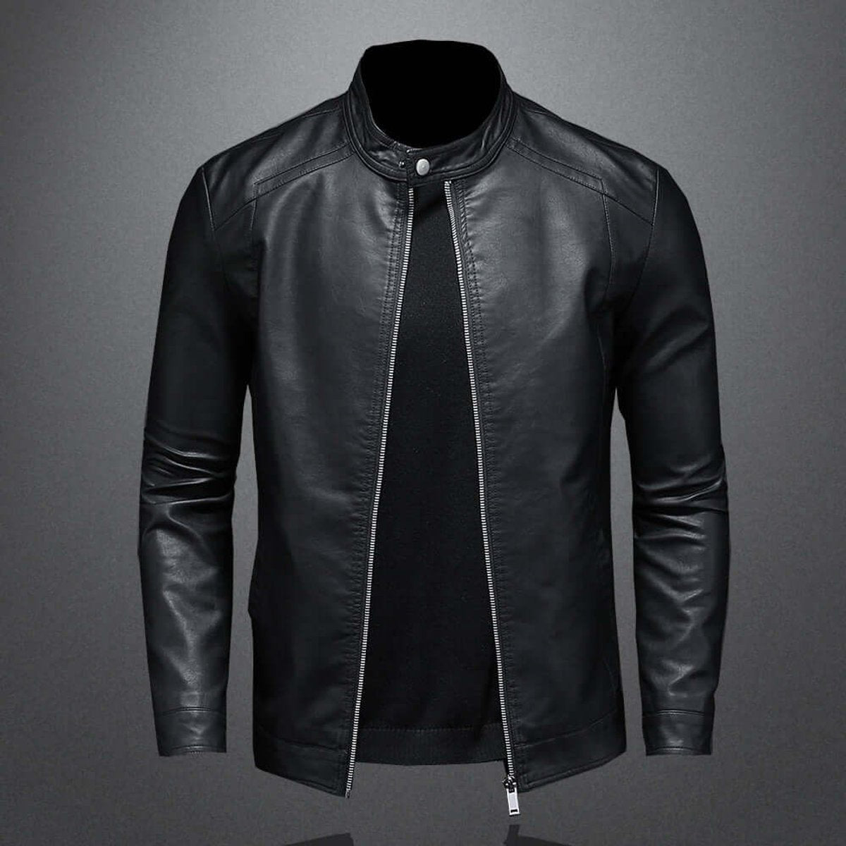 Black faux leather bomber jacket, straight-on front view with open zip closure