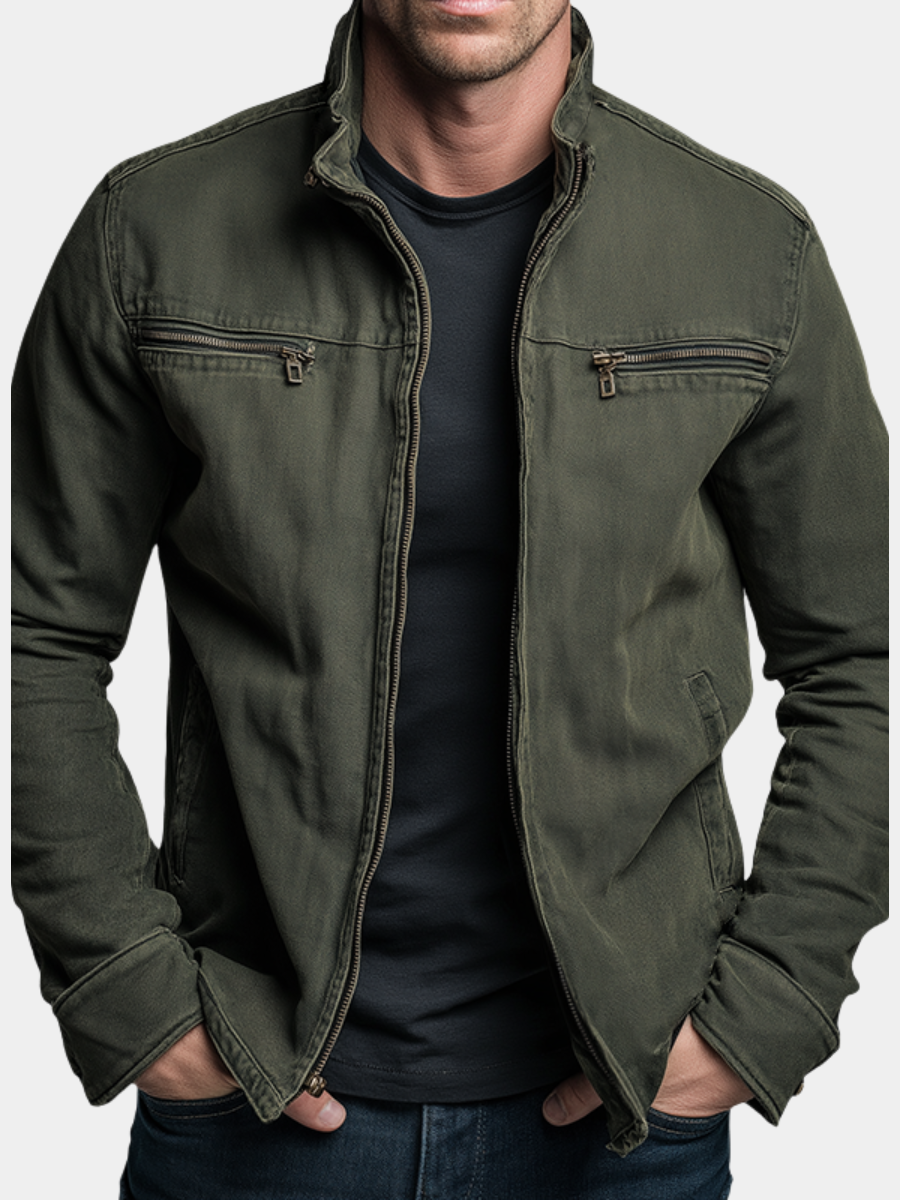 Man wearing an olive green cotton jacket with stand collar and zip pockets