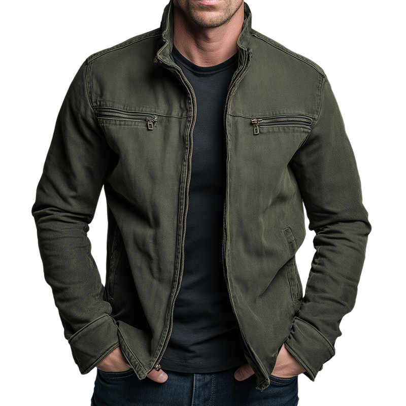 Olive green men's cotton jacket featuring twin chest zips and stand-up collar