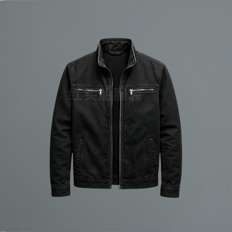 Black cotton jacket with stand collar and dual chest zip pockets, front view