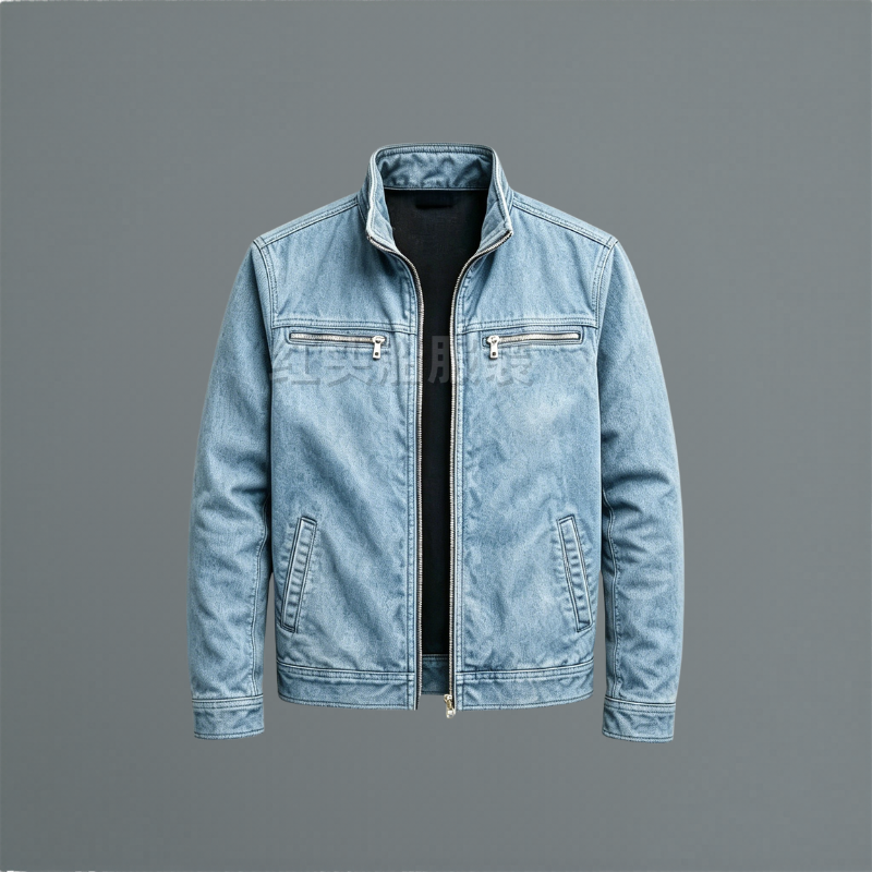 Light blue denim-style cotton jacket with stand collar and zip chest pockets